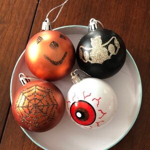 Halloween ornaments bulbs/pumpkins, bats, webs, and eyeballs/ glitter paint/ Box